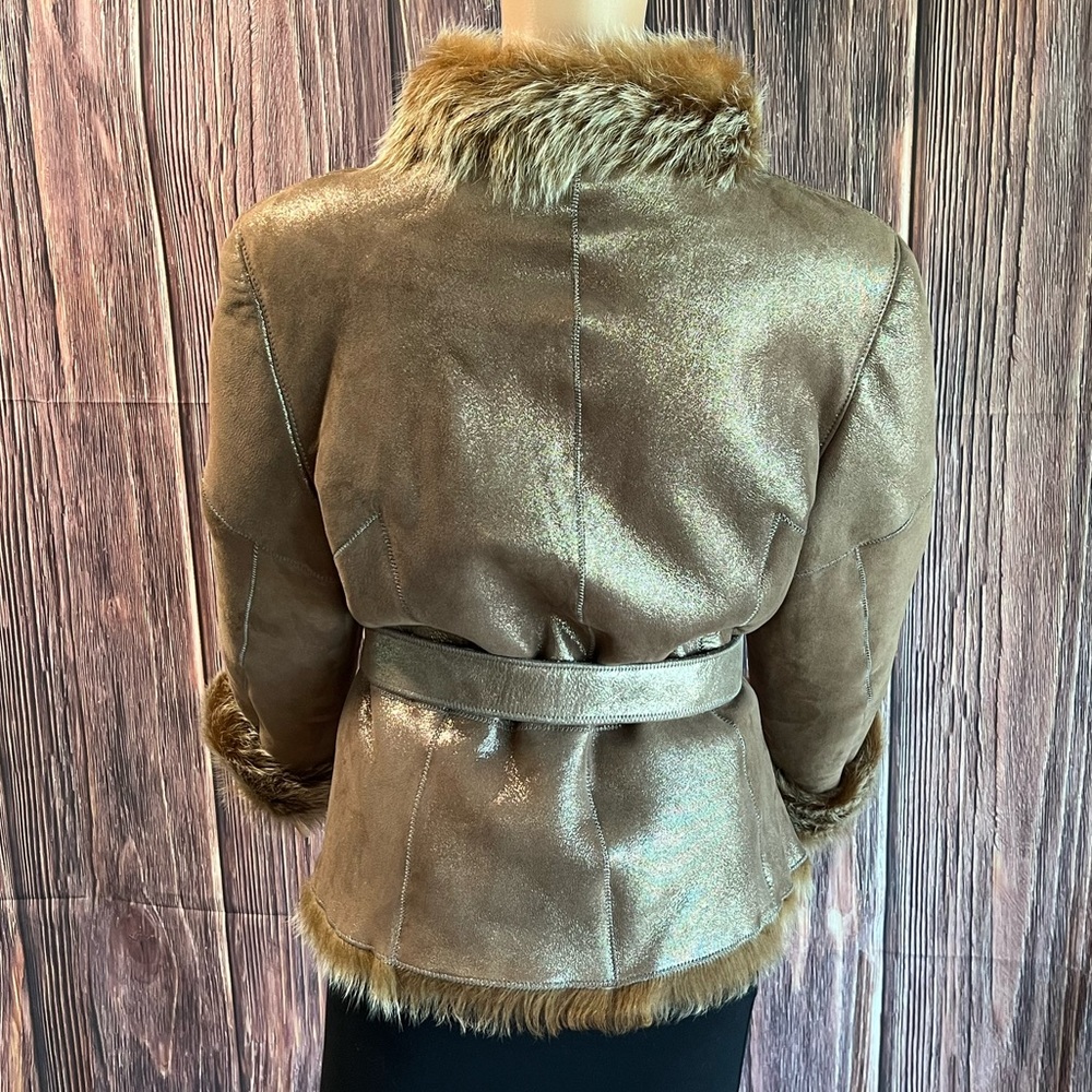 Saks Fifth Avenue medium large tan beige gold 100% leather fur vintage coat - Picture 3 of 16